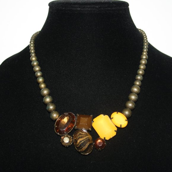 Rustic bronze brown and yellow bib style necklace